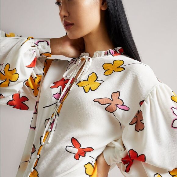 Ted Baker London Thurso Floral Print Stretch Woven Balloon Sleeve Blouse Size 4 - Picture 12 of 15